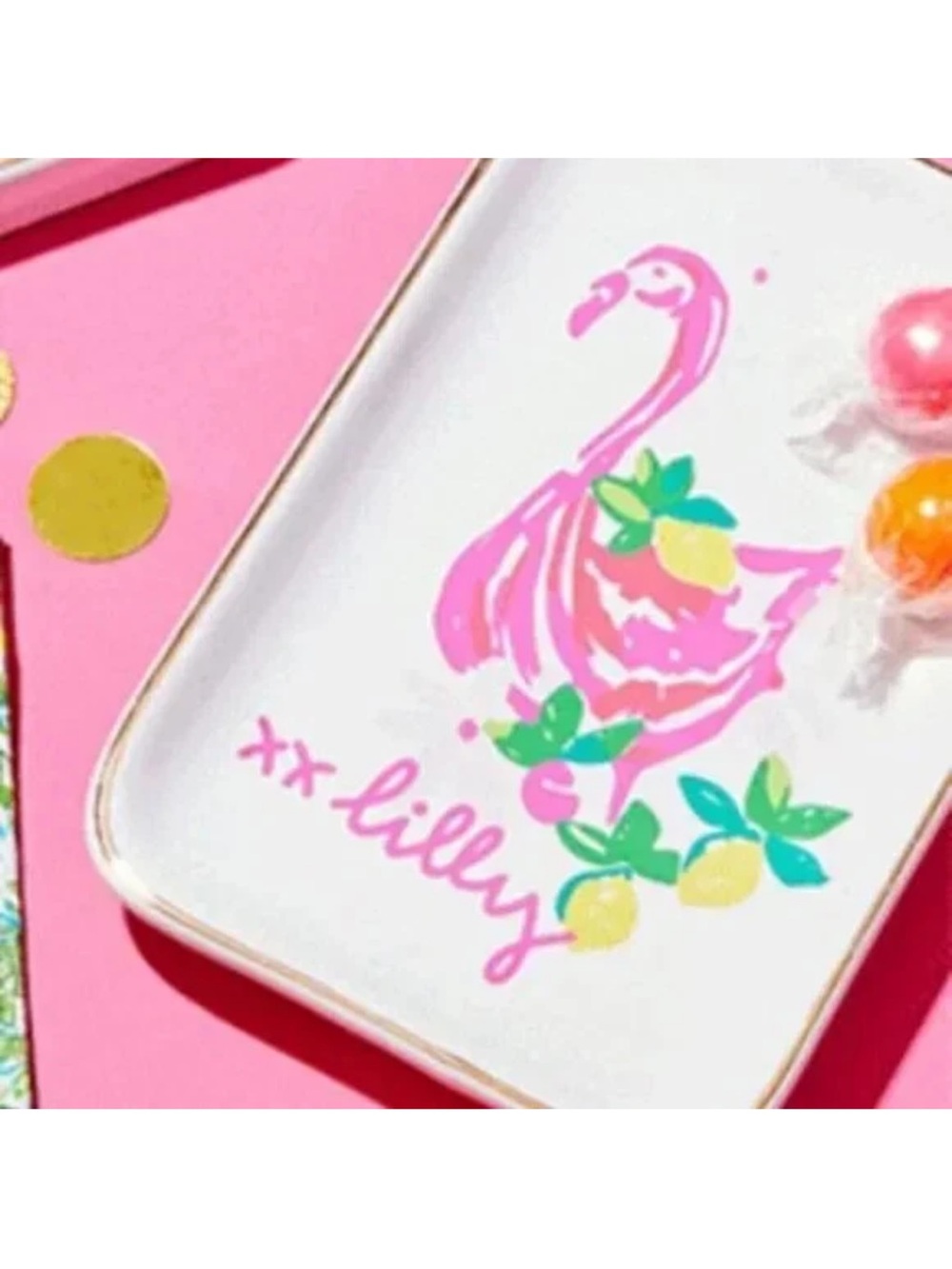 Lilly Pulitzer Pink Flamingo Lemon Ceramic Trinket Tray